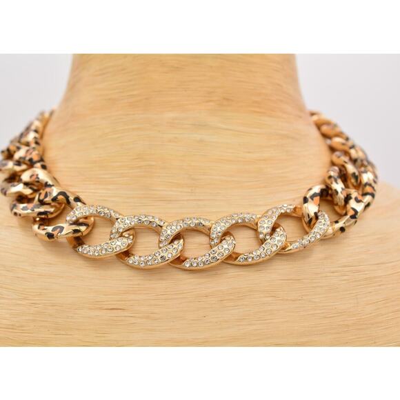 Betsey Johnson Crystal Leopard Necklace Chain Collar Gold Heavy Chunky BinAU - Picture 1 of 12